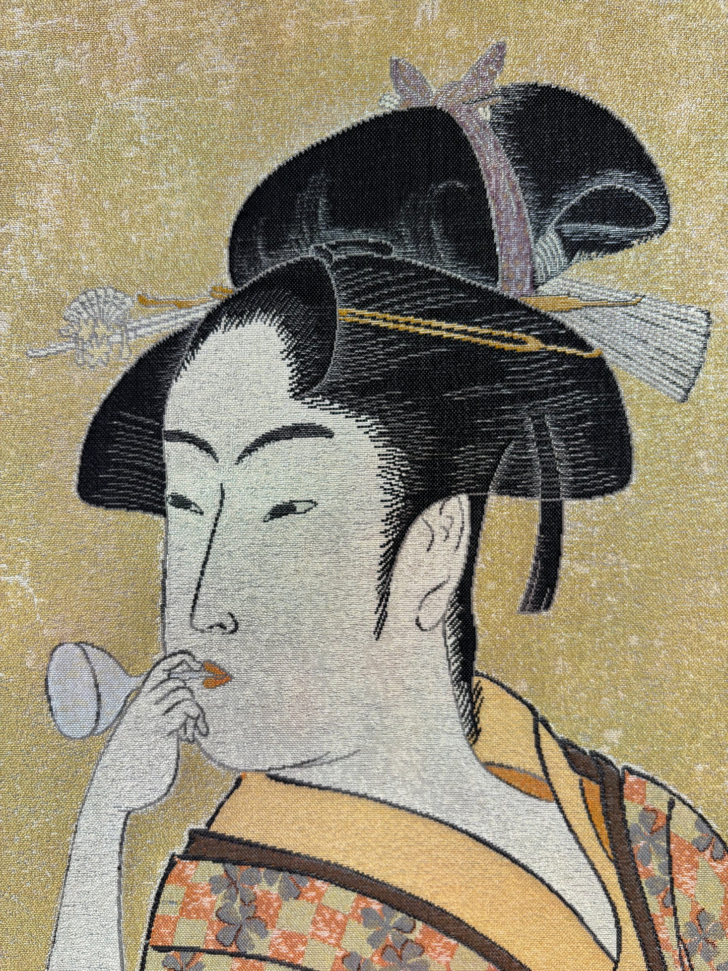 Nishijin Brocade Ukiyo-e Textile Artwork Kitagawa_Utamaro_Young_Woman_Blowing_a_Popen close up