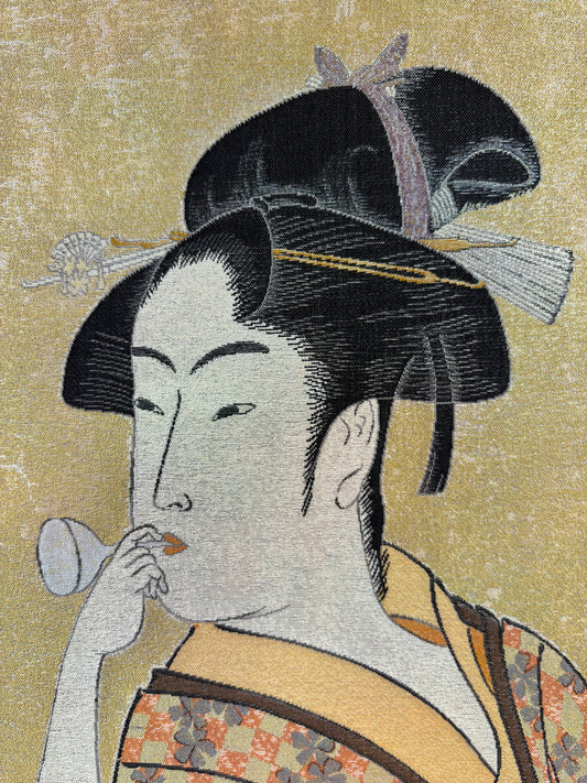 Nishijin Brocade Ukiyo-e Textile Artwork Kitagawa_Utamaro_Young_Woman_Blowing_a_Popen close up