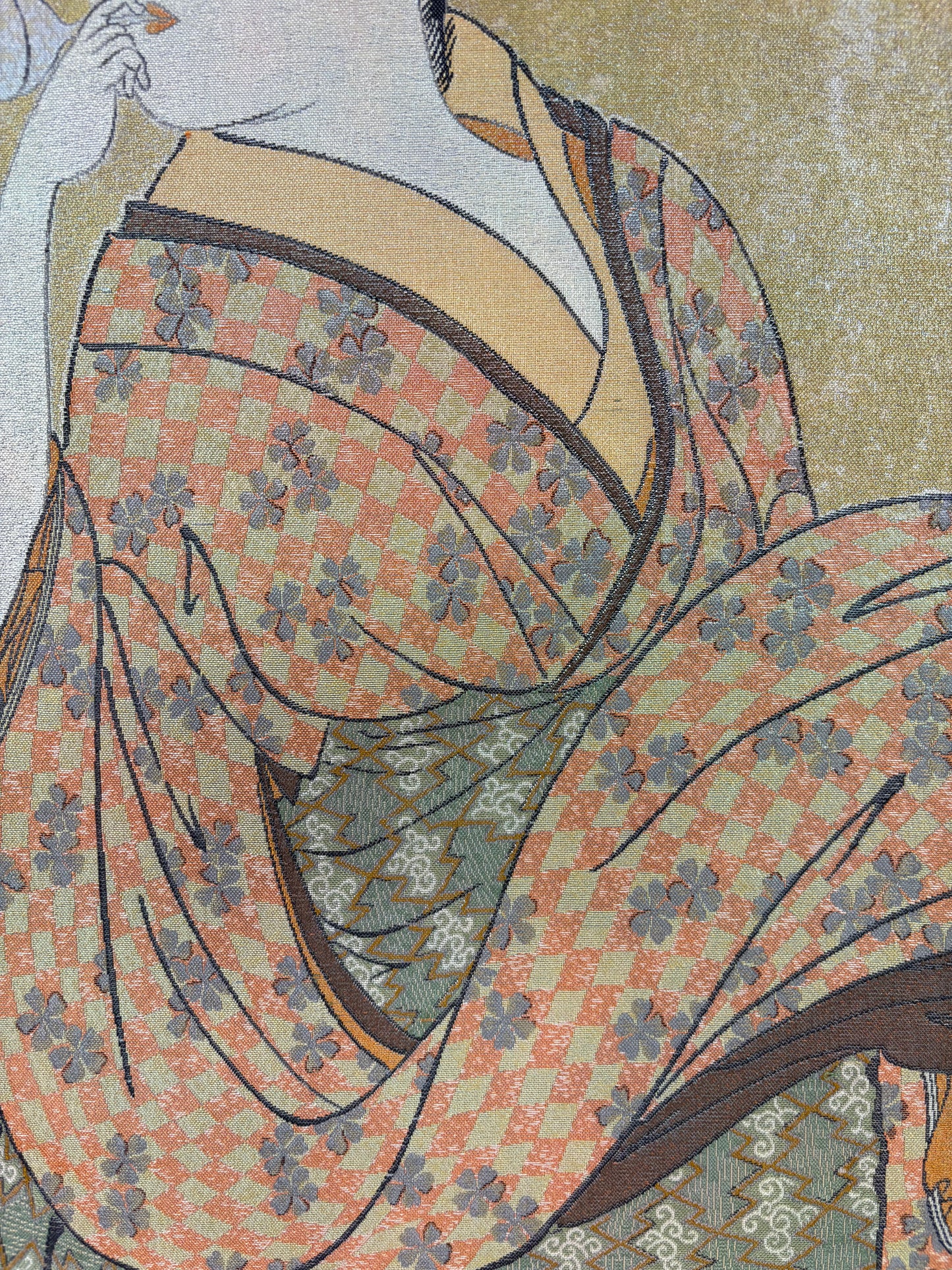 Nishijin Brocade Ukiyo-e Textile Artwork Kitagawa_Utamaro_Young_Woman_Blowing_a_Popen close up