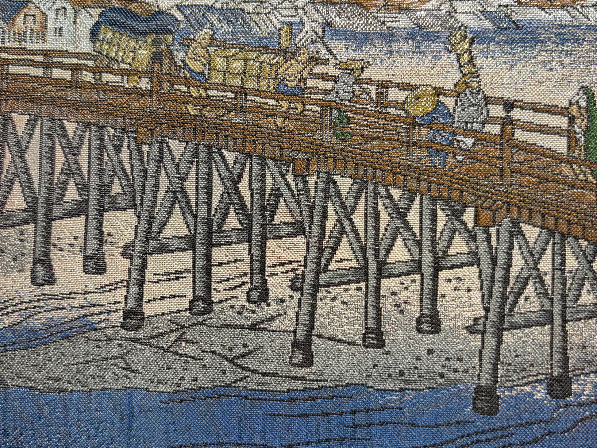 Nishijin Brocade Textile Artwork Fifty-Three Stations of the Tokaido: Sanjo Ohashi close up