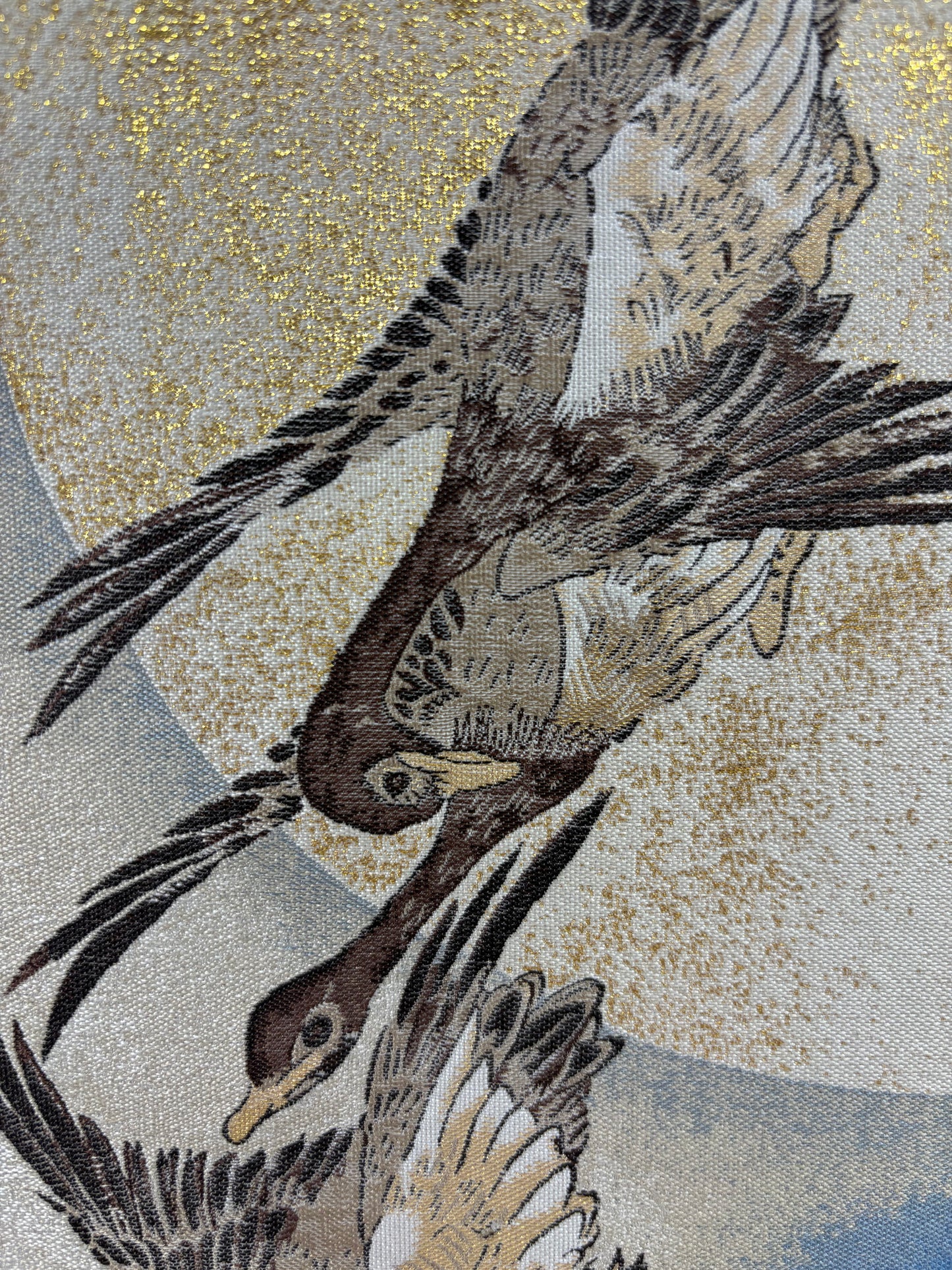 Nishijin Brocade Textile Artwork Utagawa Hiroshige "Wild Geese Flying under the Full Moon " close up