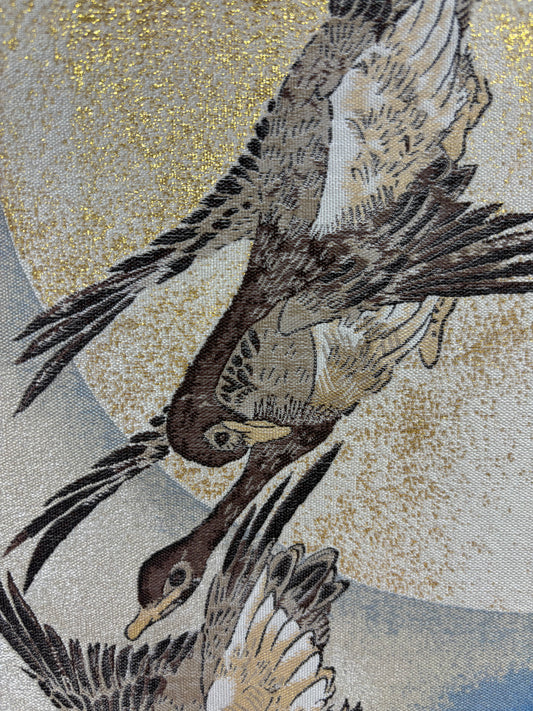 Nishijin Brocade Textile Artwork Utagawa Hiroshige "Wild Geese Flying under the Full Moon " close up