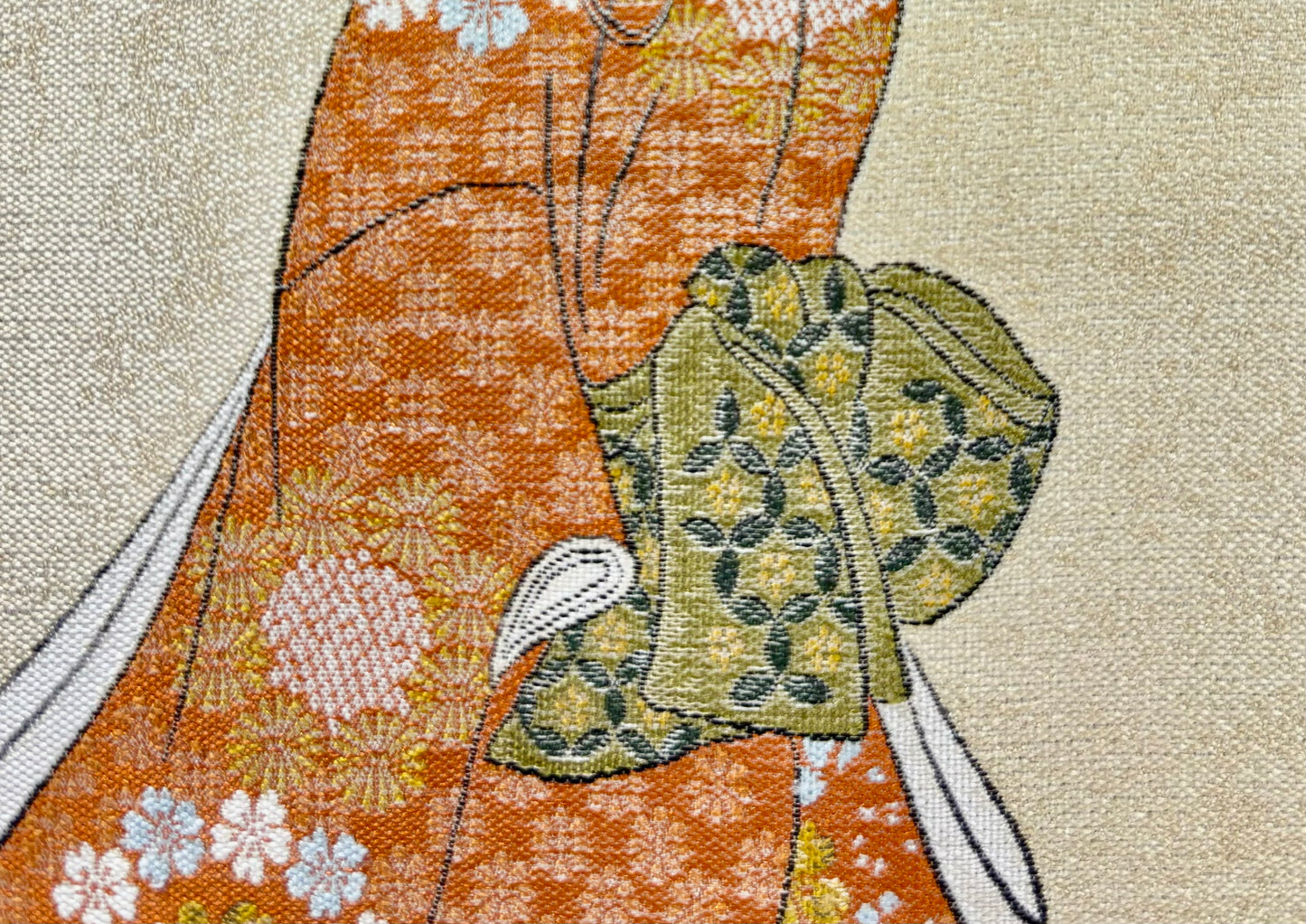 Nishijin Luxury Textile Art Ukiyo-e Hishikawa Moronobu "Beauty Looking Back" close up