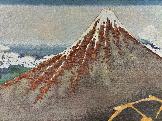 Nishijin Luxury Textile Artwork Ukiyo-e Shower Below the Summit (Hokusai's Thirty-Six Views of Mt. Fuji) close up