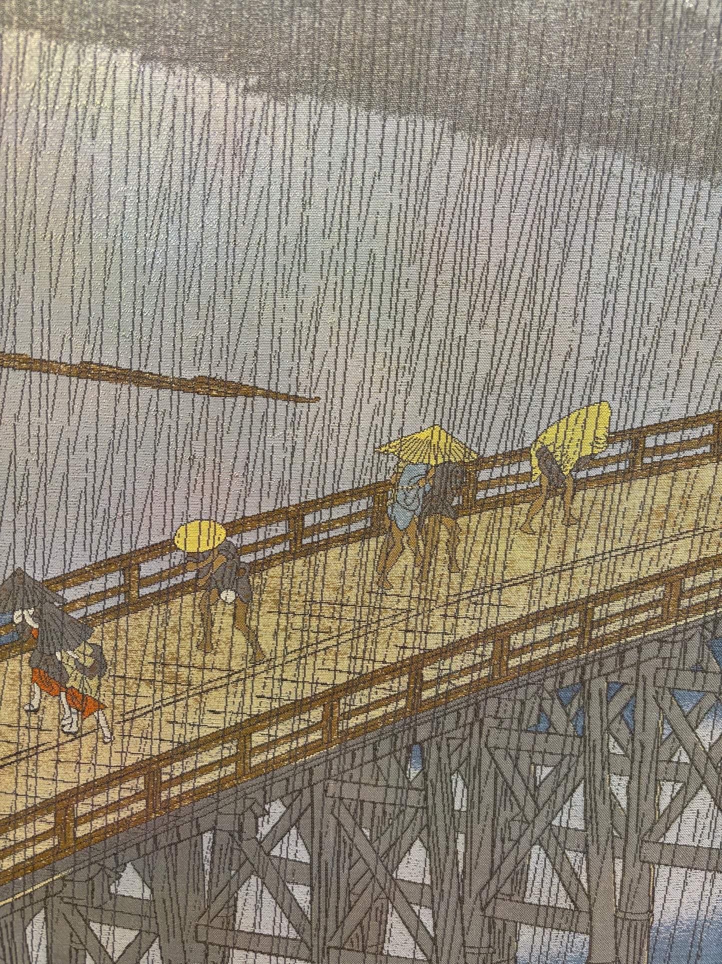 Nishijin Brocade Ukiyo-e Artwork Utagawa Hiroshige “Sudden Shower over Shin-Ohashi Bridge and Atake" close up