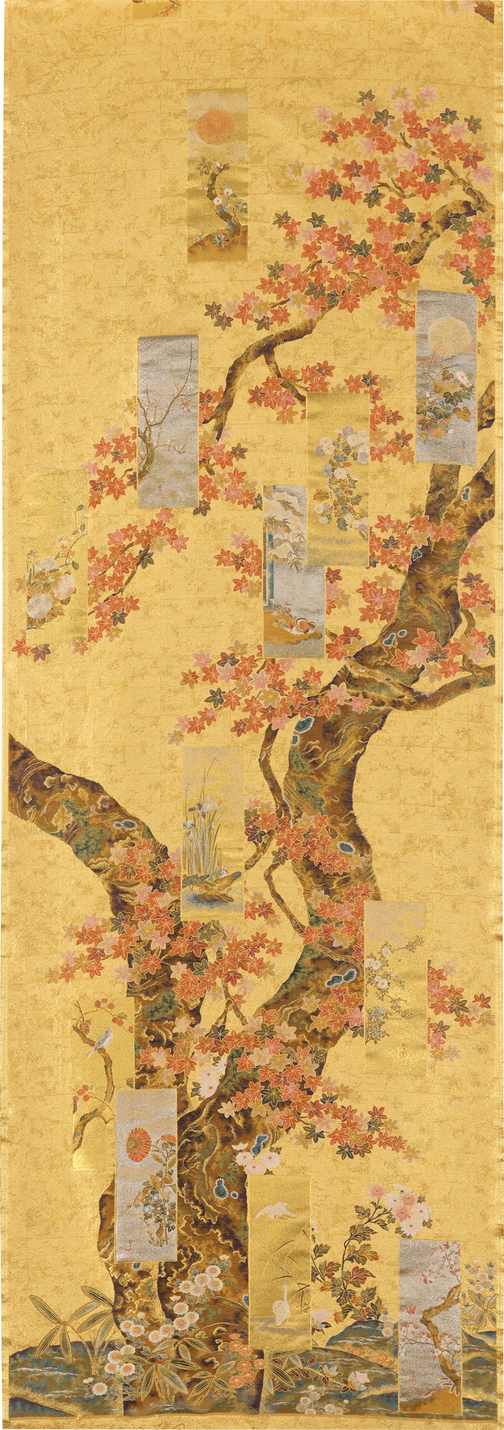 Nishijin Luxury Obi Tapestry Cherry Blossom and Maple Trees by Hōitsu
